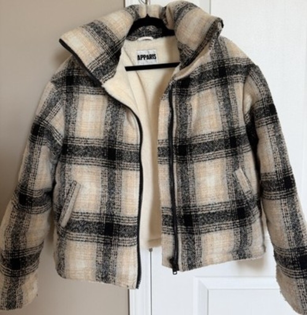 Apparis Plaid Faux Fur Lined Jacket Size XS Women's Coat Black White EUC
